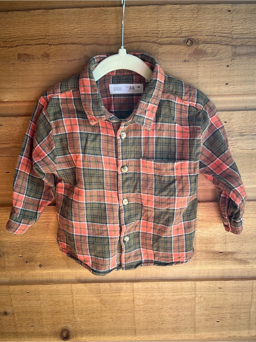 ZARA - Baby Orange & Olive Plaid Button-Up Flannel Shirt / 6-9mo